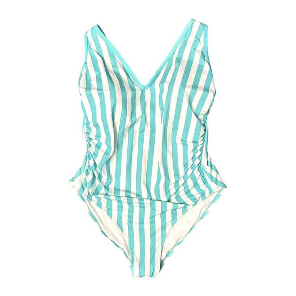 Kona Sol Aqua and White Striped One Piece Swimsuit- NWOT Plus